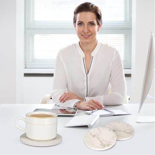 6 Pcs White Marble Coaster Set with Holder Best Absorbent Coasters Drink Coasters Ceramic Bar Coasters Cute Table Coasters Gift Cup Stone Coasters Modern Coasters