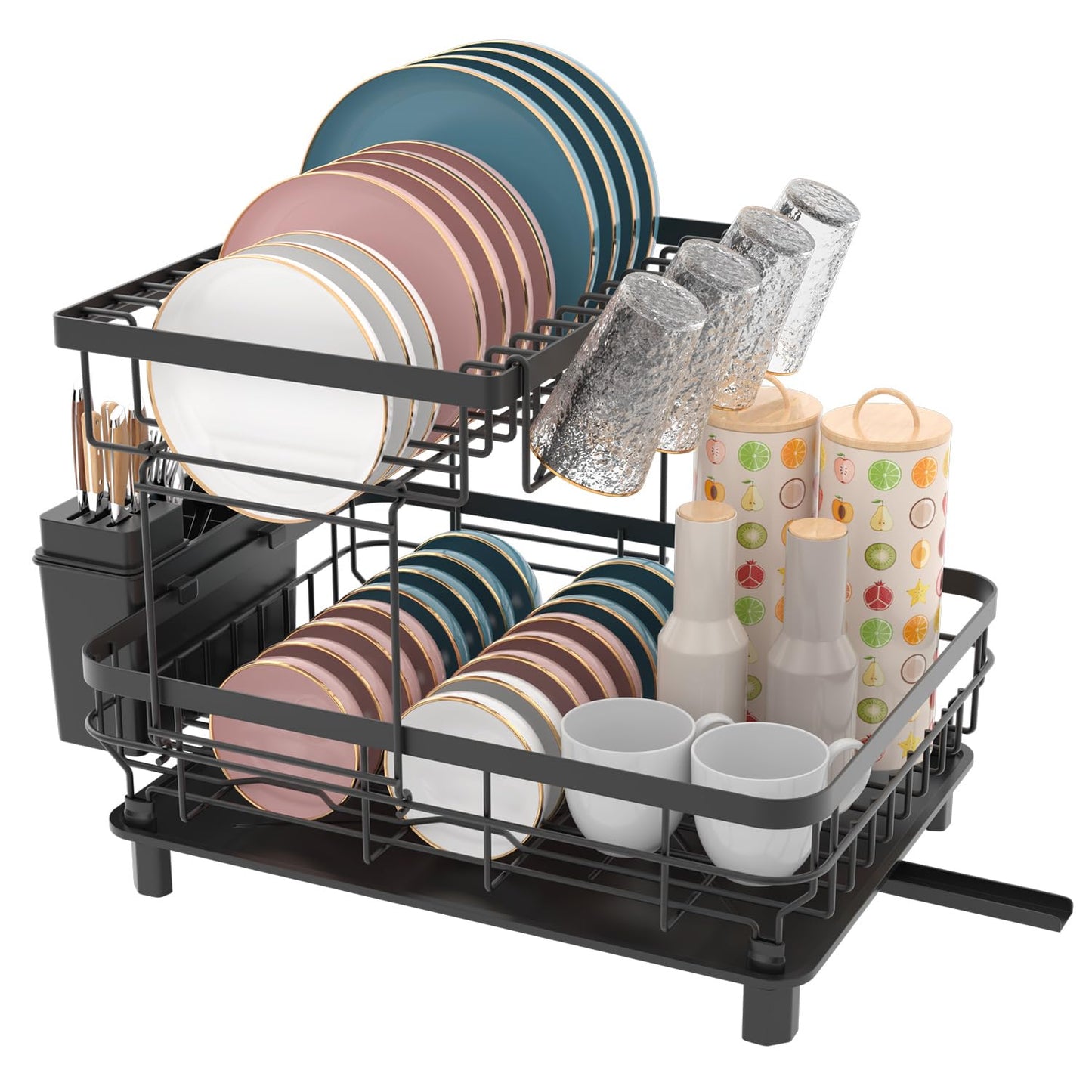 IMMEK Dish Drainers,Large Dish Drying Rack,Double Layer Dish Rack for Kitchen Counter with Drainage Plate,Dish Rack with Tableware Rack and Cup Holder
