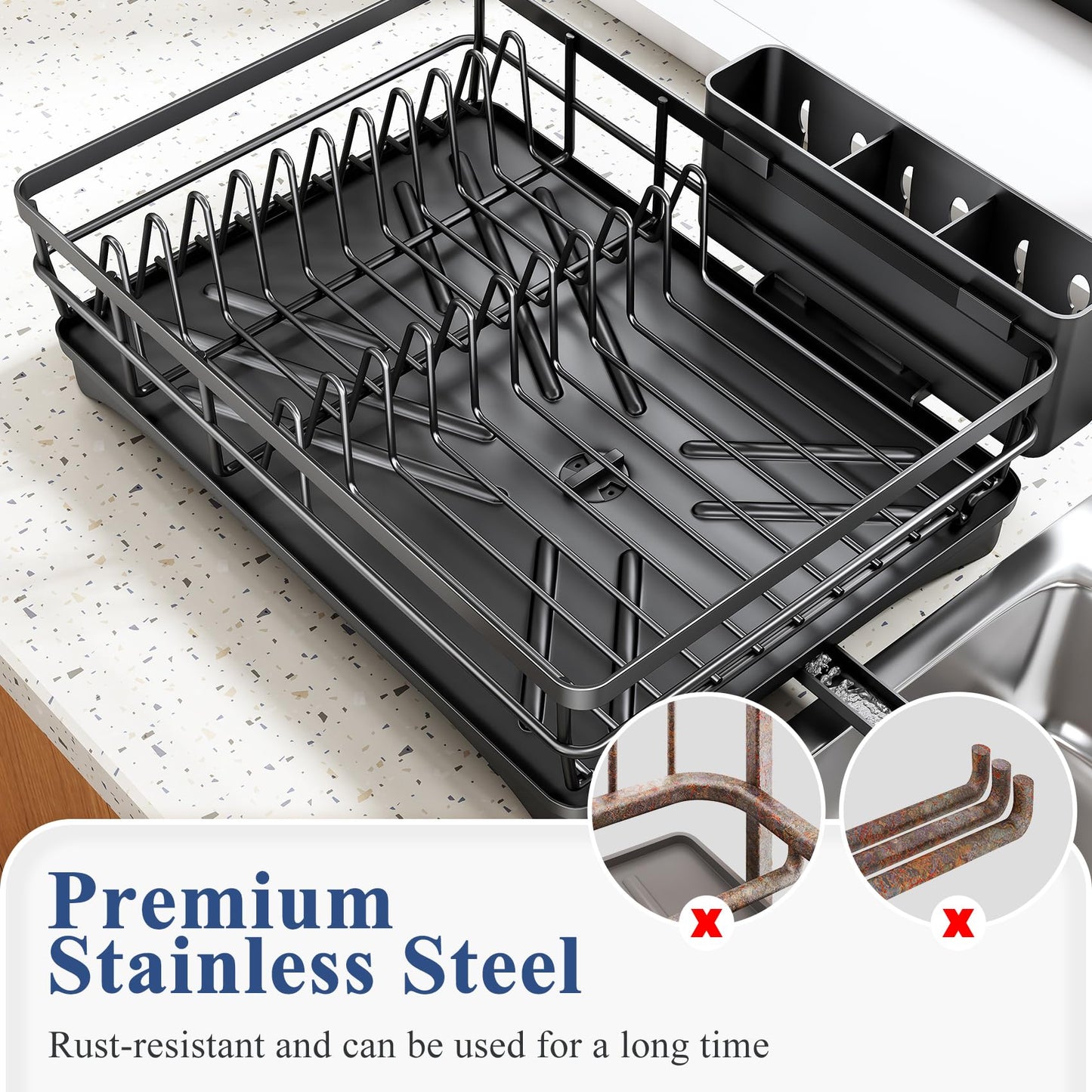 Dish Drying Rack for Kitchen Counter - Large Dish Rack with Drainboard, Rustproof Dish Drainer with Utensil Holder for Sink