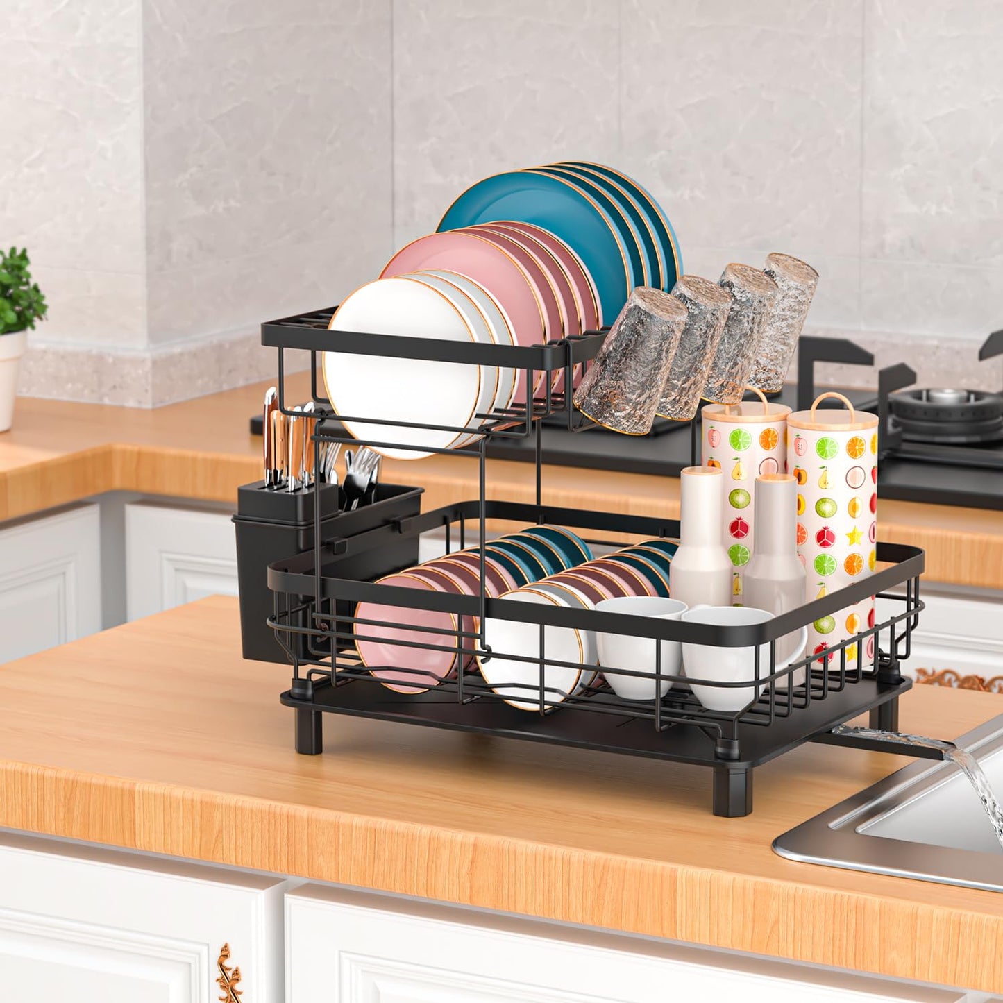 IMMEK Dish Drainers,Large Dish Drying Rack,Double Layer Dish Rack for Kitchen Counter with Drainage Plate,Dish Rack with Tableware Rack and Cup Holder