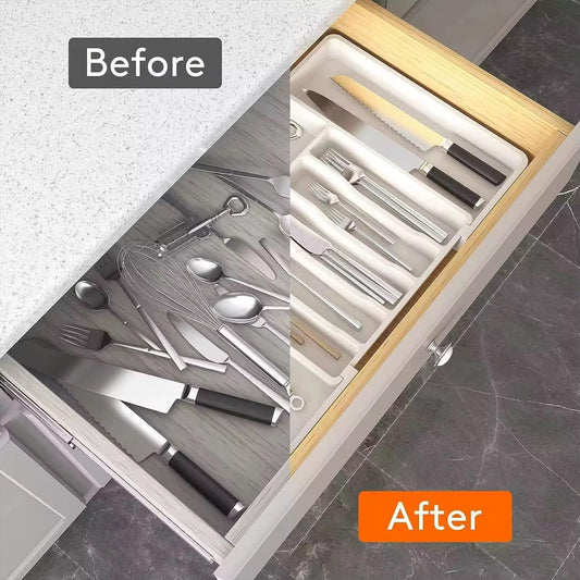 Large Cutlery Organizer - Adjustable Silverware Utensil Drawer Organizer for Easy Access, Versatile Kitchen Organizer and Storage Solution 34.8 × 3.9 × 27.8~50.0 cm, Black