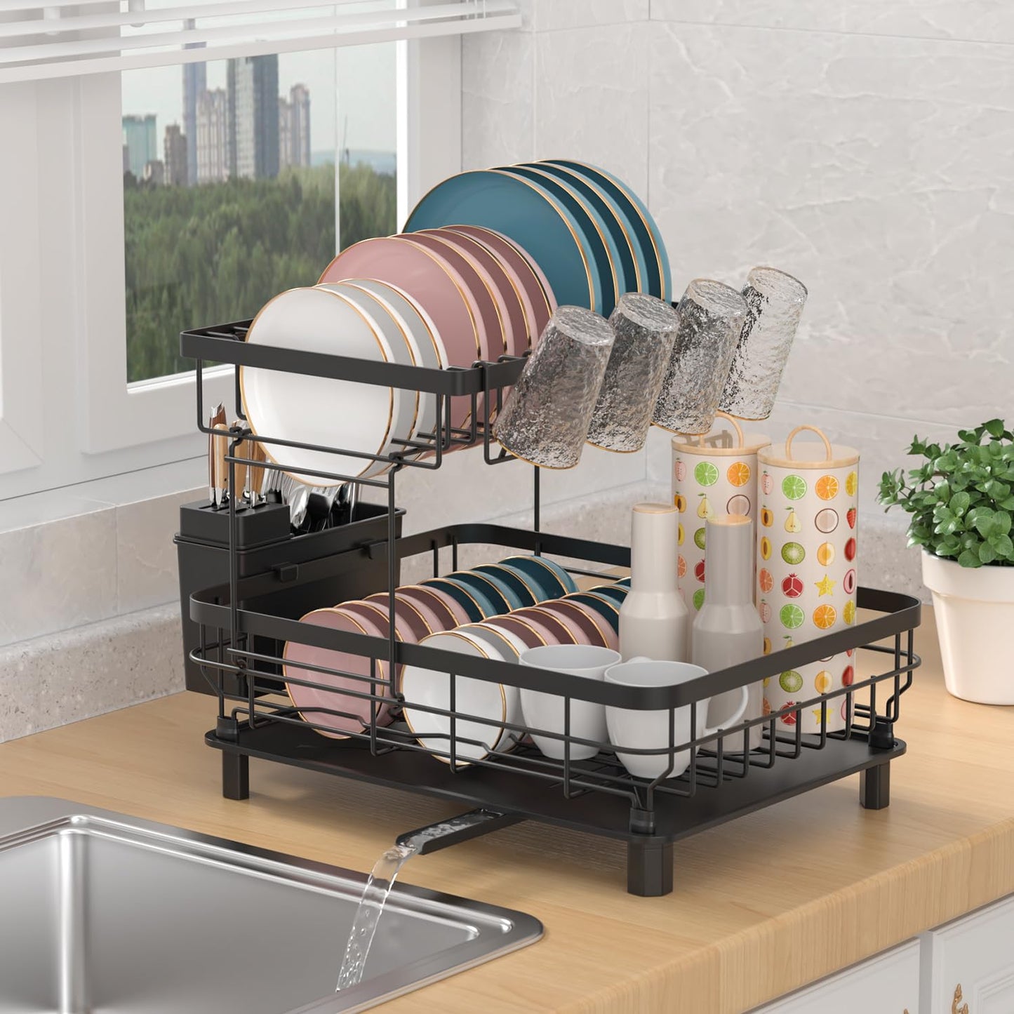 IMMEK Dish Drainers,Large Dish Drying Rack,Double Layer Dish Rack for Kitchen Counter with Drainage Plate,Dish Rack with Tableware Rack and Cup Holder