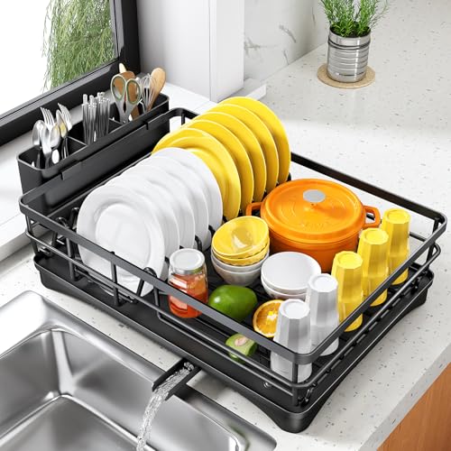 Dish Drying Rack for Kitchen Counter - Large Dish Rack with Drainboard, Rustproof Dish Drainer with Utensil Holder for Sink
