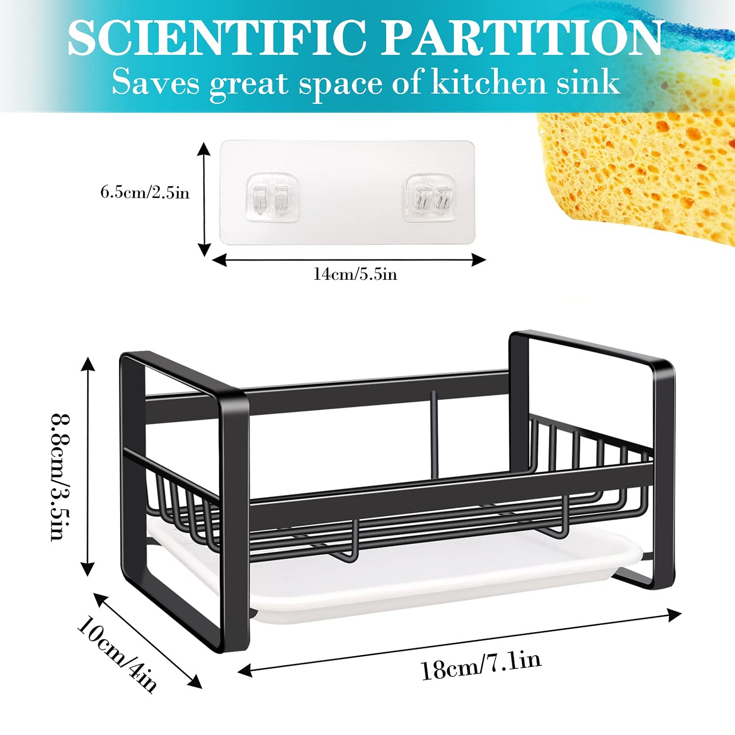 VANTEN Kitchen Sink Caddy Sponge Holder Sink Caddy Organizer, Sponge Holder for Sink, Sink Tray Drainer Rack with Removable Drain Pan, Soap Dish Dispenser Brush Holder Storage Kitchen Accessories