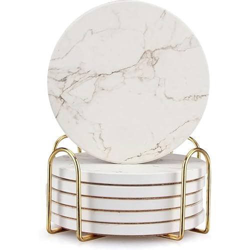 6 Pcs White Marble Coaster Set with Holder Best Absorbent Coasters Drink Coasters Ceramic Bar Coasters Cute Table Coasters Gift Cup Stone Coasters Modern Coasters