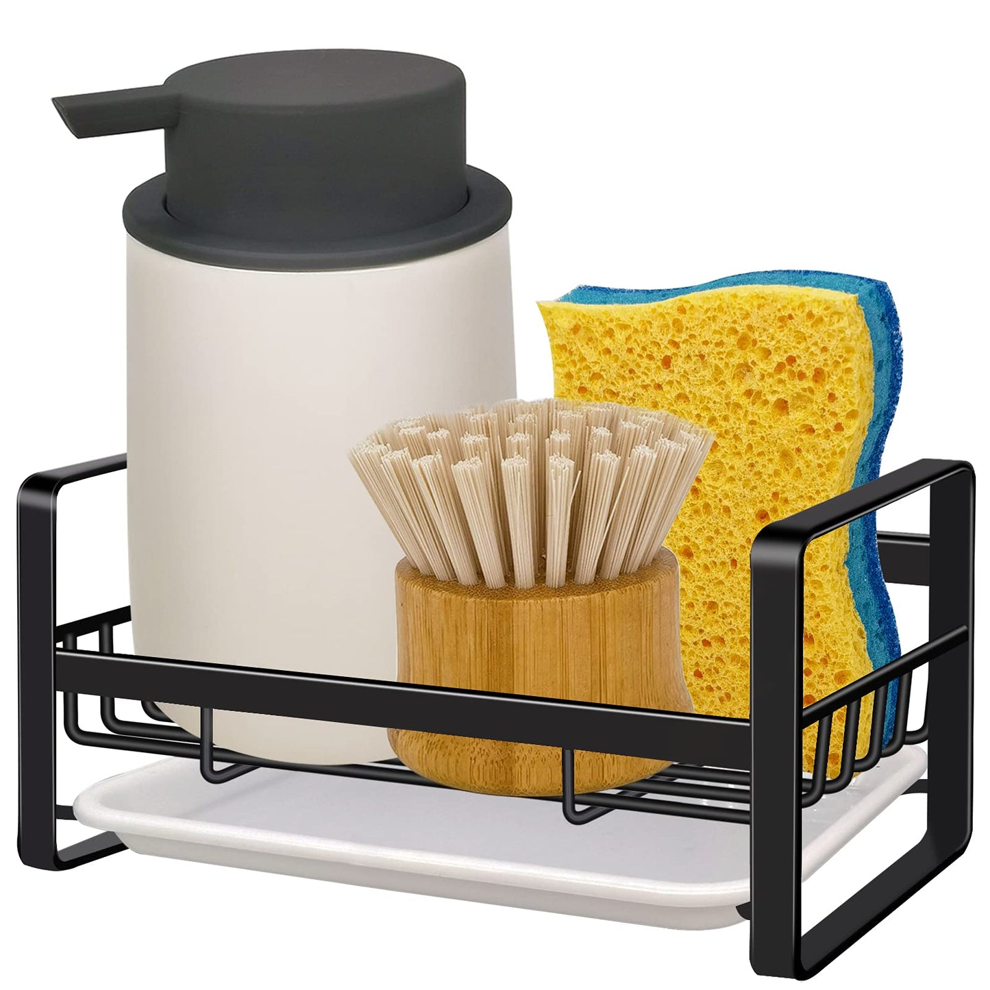 VANTEN Kitchen Sink Caddy Sponge Holder Sink Caddy Organizer, Sponge Holder for Sink, Sink Tray Drainer Rack with Removable Drain Pan, Soap Dish Dispenser Brush Holder Storage Kitchen Accessories