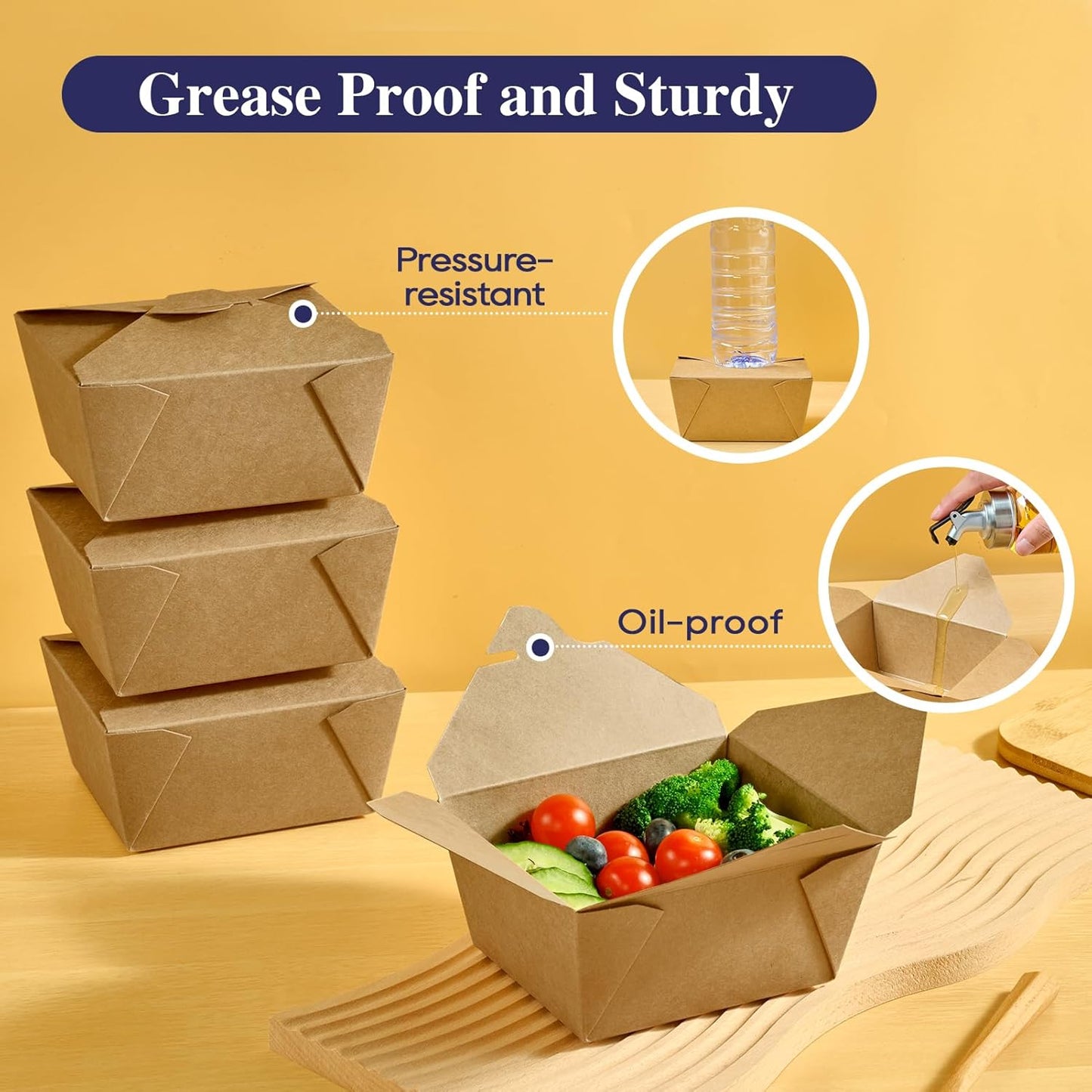 50 Pack 27 oz Take Out Food Containers, Kraft Brown Take Out Boxes Leak Grease Resistant and Stackable for Restaurants, Homes, Offices, Picnics