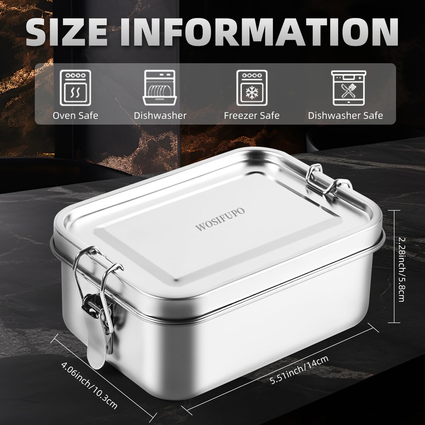 WOSIFUPO Stainless Steel Lunch Box, Bento Box Food Container with Lock Clips, Snack Box Container - Dishwasher Safe - Stainless Lid - Leak Proof