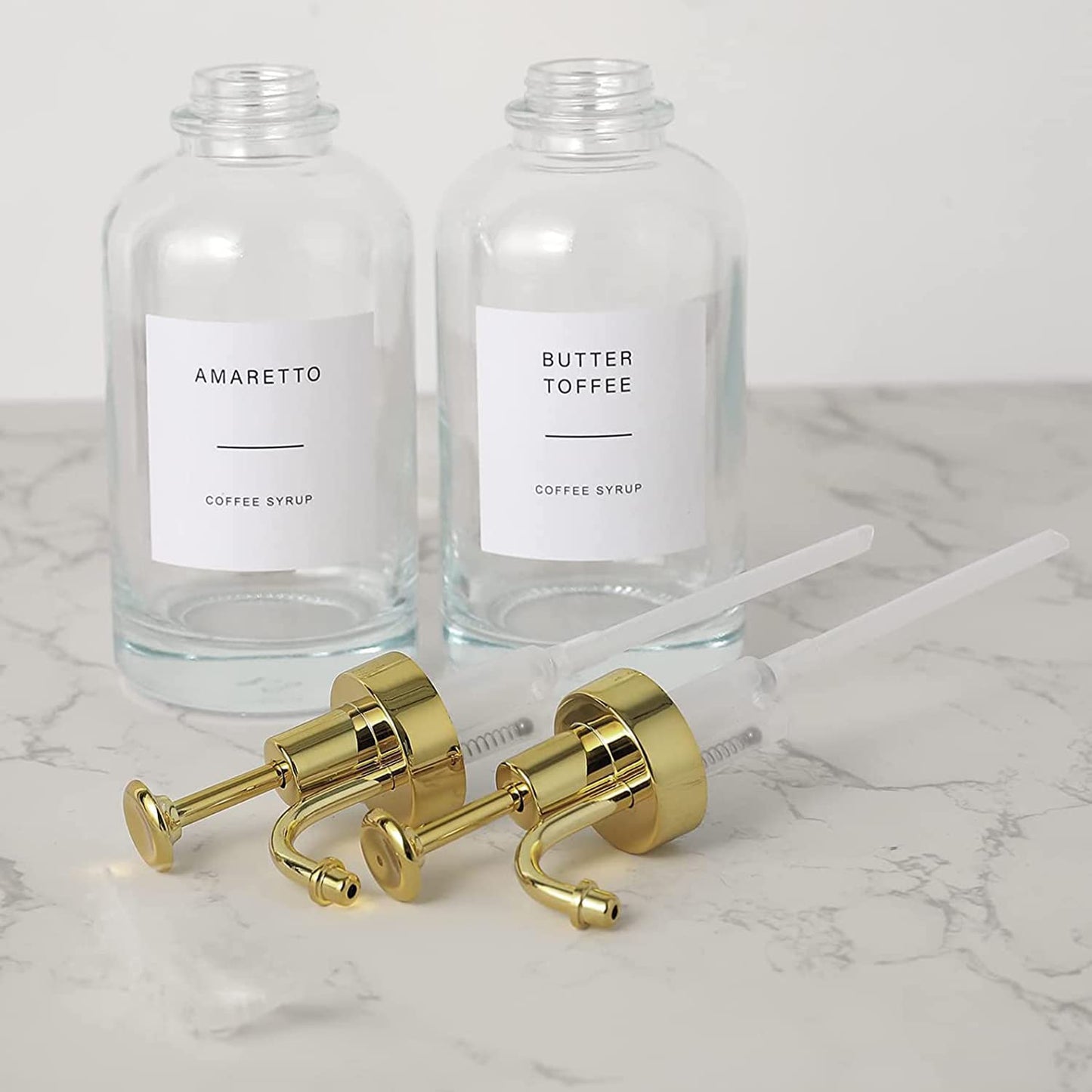 Ezebesta Set of 2 Syrup Dispensers 500ml with 36 Labels Glass Bottles with Elegant Pumps and Various Syrup Labels Kitchen Coffee Station Organization