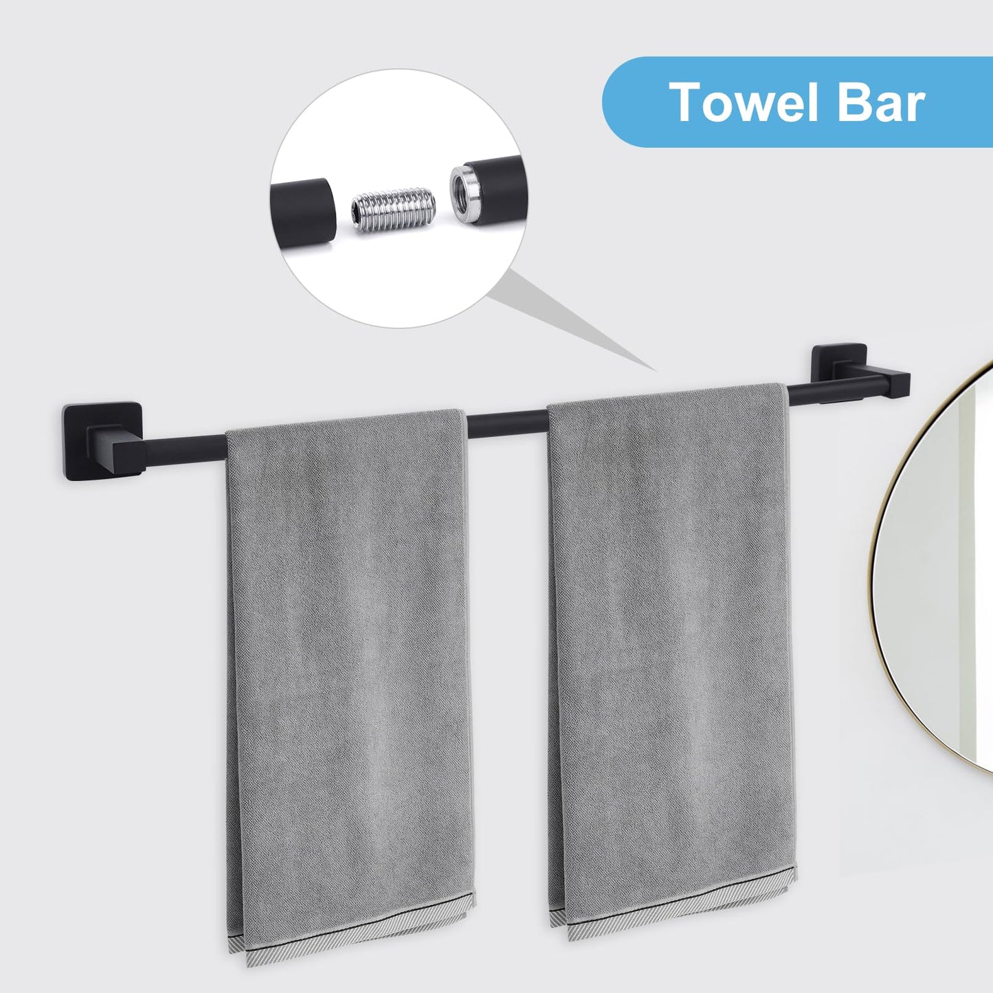 Ntipox 5 Pieces Bathroom Hardware Set Stainless Steel, 23.6 inch Inch Double Towel Bar Set Matte Black,Towel Rack Set,Bathroom Accessories Set