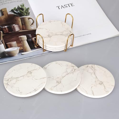 6 Pcs White Marble Coaster Set with Holder Best Absorbent Coasters Drink Coasters Ceramic Bar Coasters Cute Table Coasters Gift Cup Stone Coasters Modern Coasters