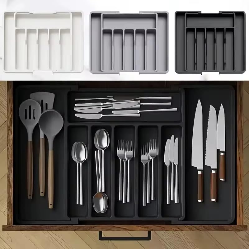 Large Cutlery Organizer - Adjustable Silverware Utensil Drawer Organizer for Easy Access, Versatile Kitchen Organizer and Storage Solution 34.8 × 3.9 × 27.8~50.0 cm, Black