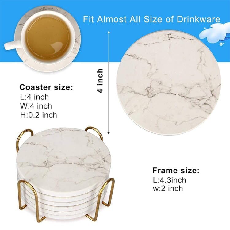 6 Pcs White Marble Coaster Set with Holder Best Absorbent Coasters Drink Coasters Ceramic Bar Coasters Cute Table Coasters Gift Cup Stone Coasters Modern Coasters
