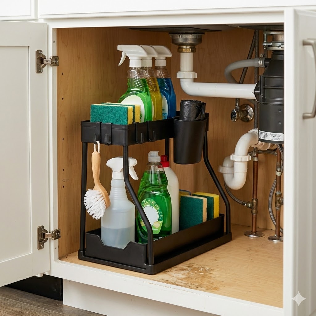 Cabinet under sink with cleaning supplies and a black organizer.