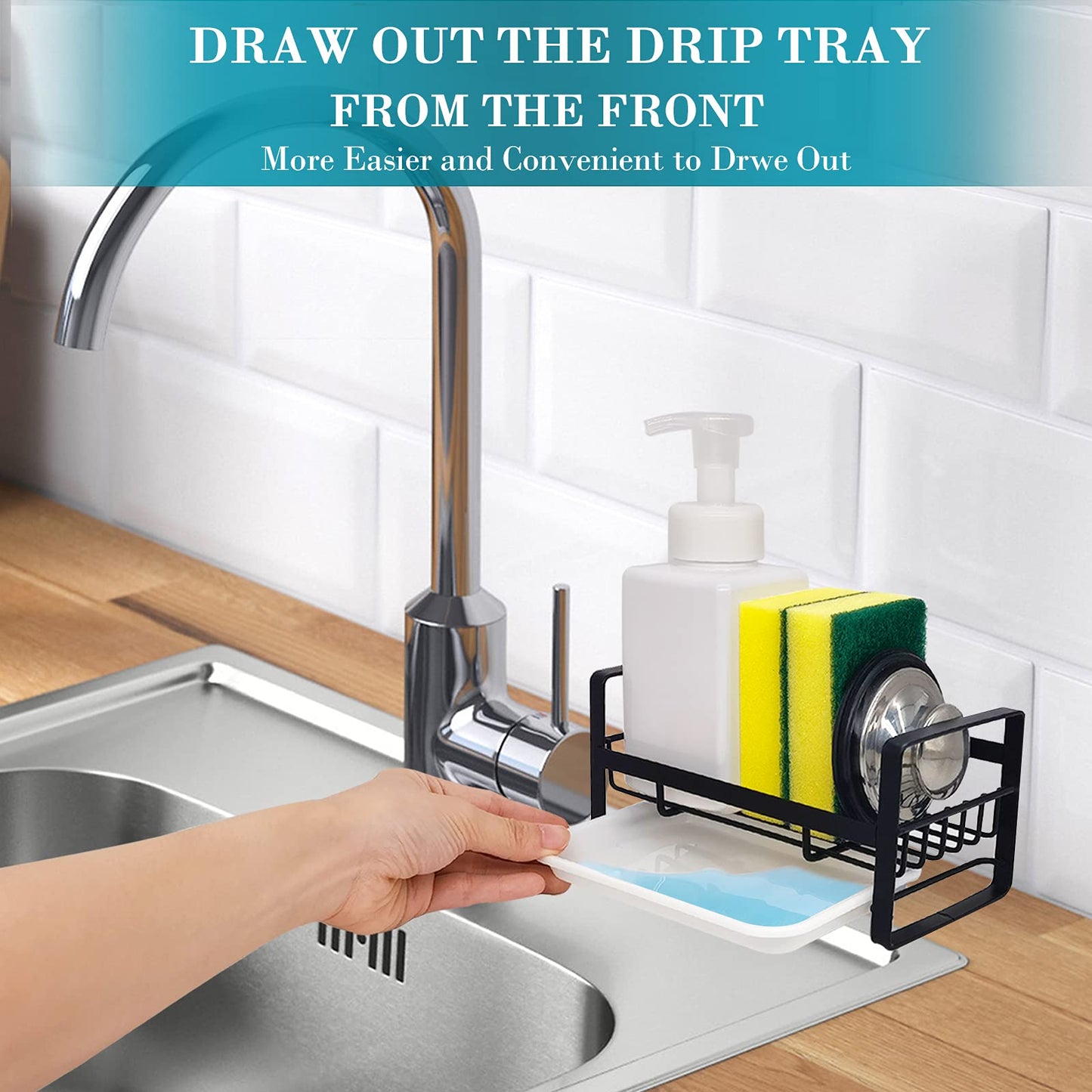 VANTEN Kitchen Sink Caddy Sponge Holder Sink Caddy Organizer, Sponge Holder for Sink, Sink Tray Drainer Rack with Removable Drain Pan, Soap Dish Dispenser Brush Holder Storage Kitchen Accessories
