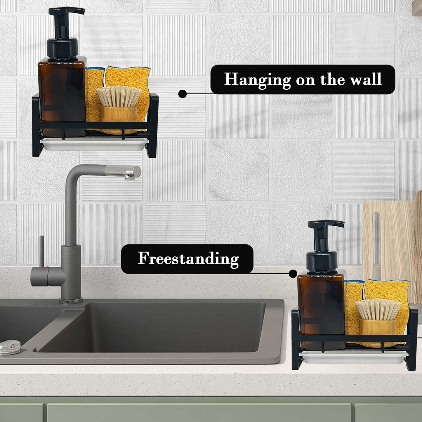 VANTEN Kitchen Sink Caddy Sponge Holder Sink Caddy Organizer, Sponge Holder for Sink, Sink Tray Drainer Rack with Removable Drain Pan, Soap Dish Dispenser Brush Holder Storage Kitchen Accessories