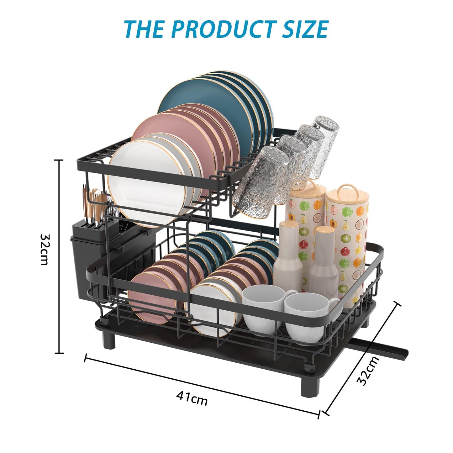 IMMEK Dish Drainers,Large Dish Drying Rack,Double Layer Dish Rack for Kitchen Counter with Drainage Plate,Dish Rack with Tableware Rack and Cup Holder