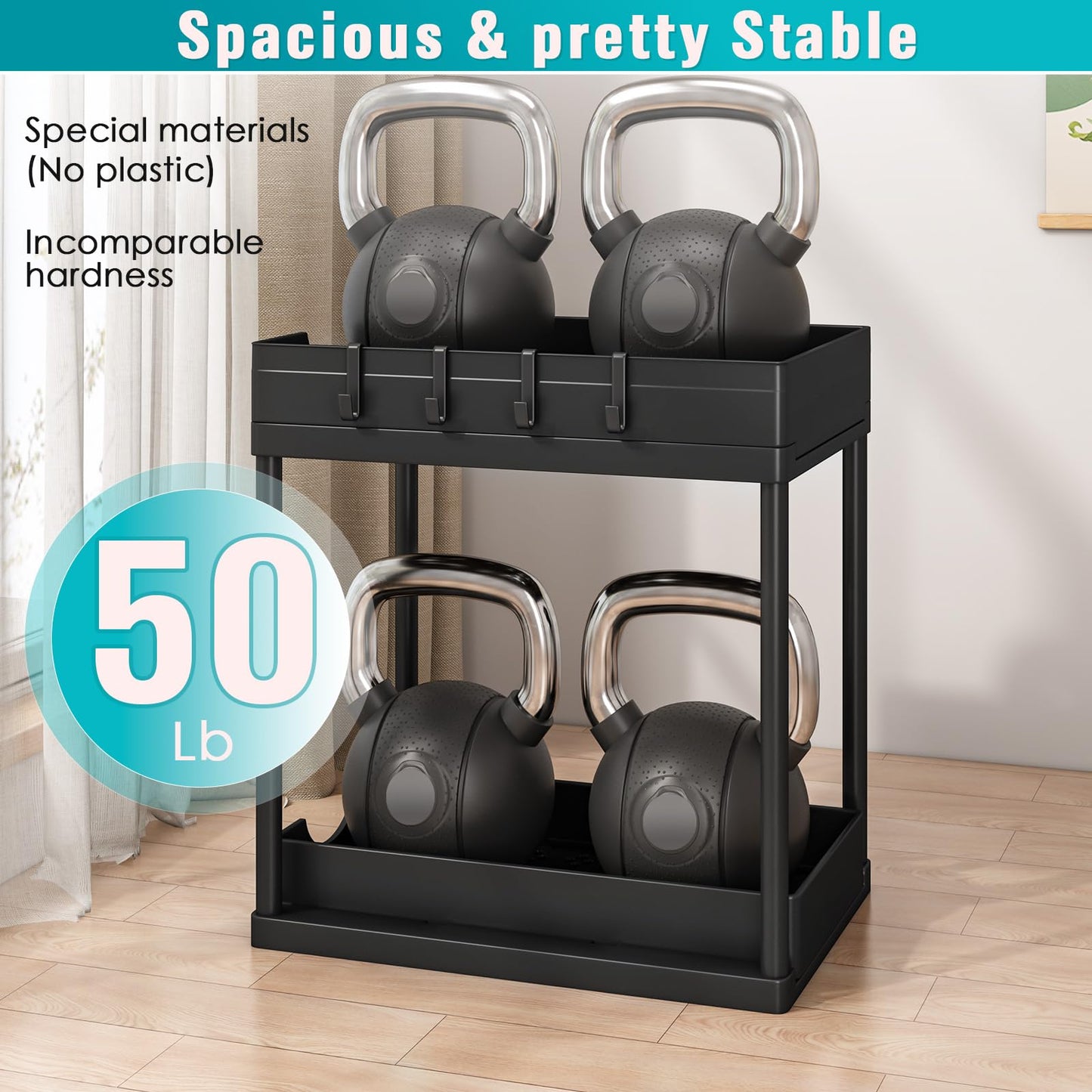 ARSTPEOE 2 Pack Double Sliding Under Sink Organizers and Storage,Two Tier Bathroom Storage and organization,Under Cabinet Organizer with Hooks,Home Organization,Black