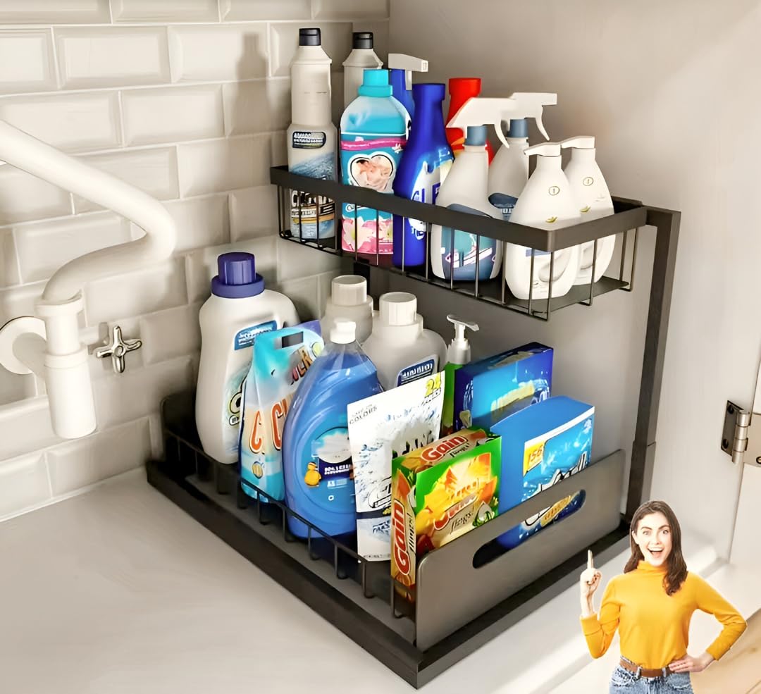 Under Sink Organizer, 2 Tier Rustproof Under Cabinet Storage, Multi Functional Cabinet Storage Space Saver For Kitchen, Purpose Cabinet Shelf for Kitchen and Bathroom Storage