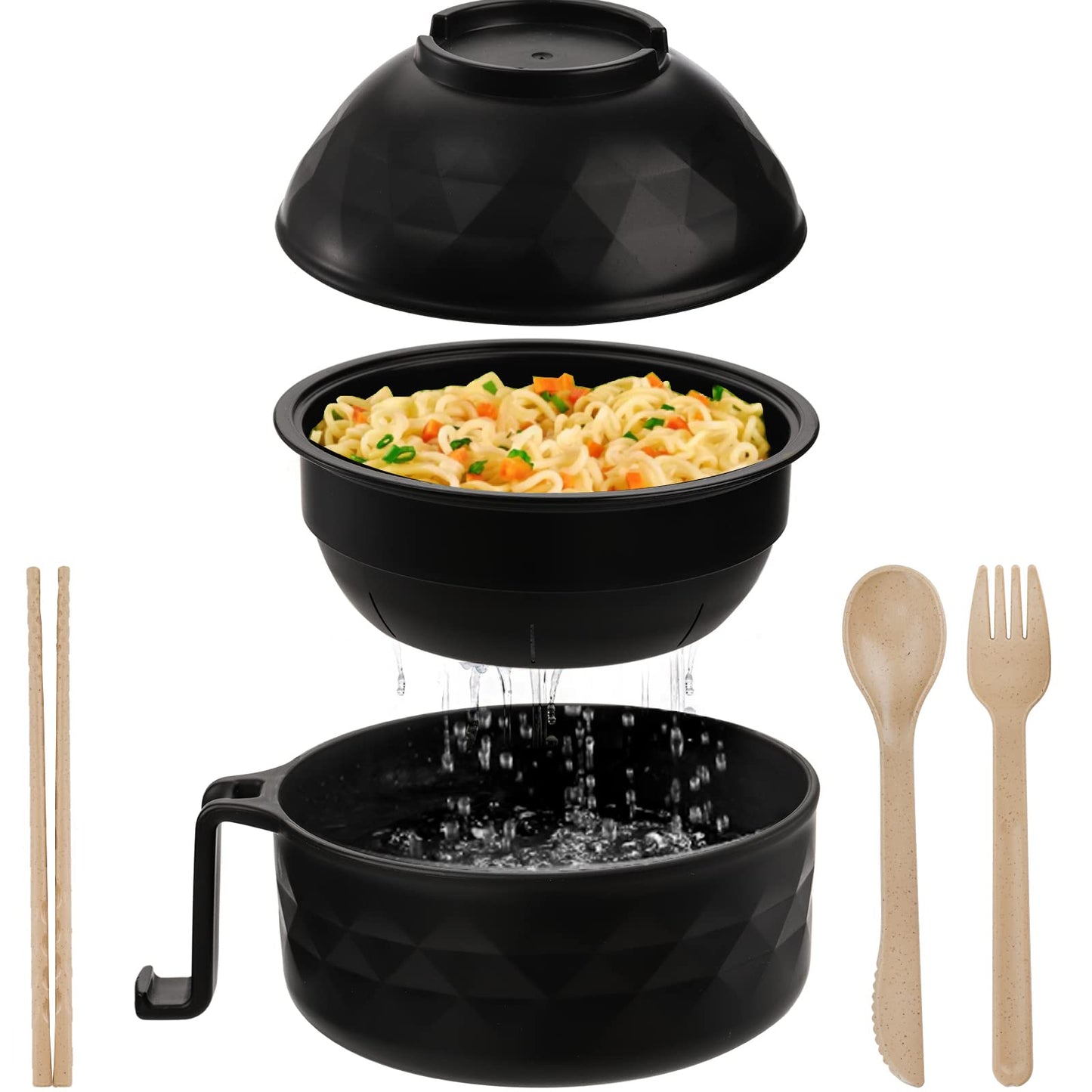 Okllen 2 Pack Microwave Ramen Cooker Bowl, 32Oz Ramen Bowl with Lid Chopsticks Fork Spoon, Wheat Straw Instant Noodle Bowl for College Dorm Room Apartment, Essentials for Girls, Boys, Black and Beige