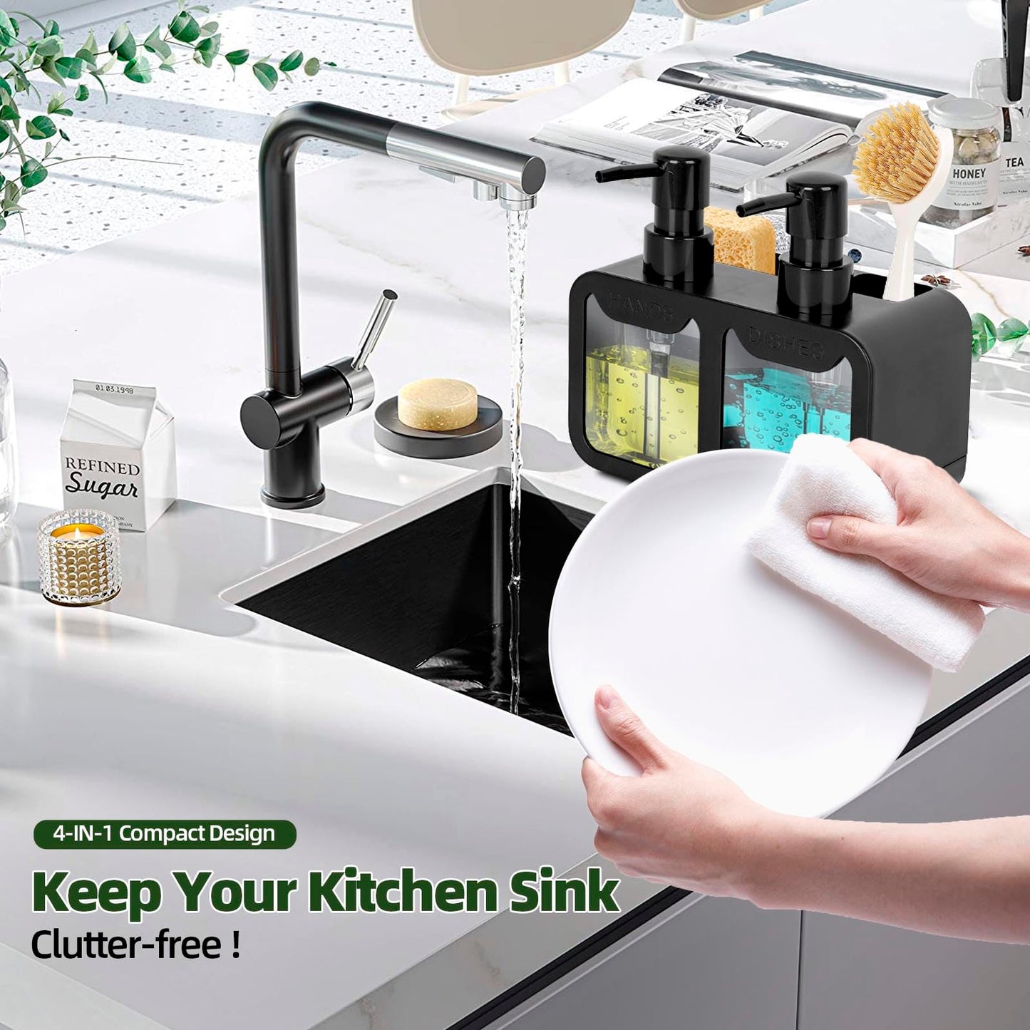 Peevel Dish Soap and Hand Soap Dispenser for Kitchen Sink, Soap Dispenser Set with Sponge Caddy and Brush Holder, Organizer for Kitchen Sink Countertop, Black