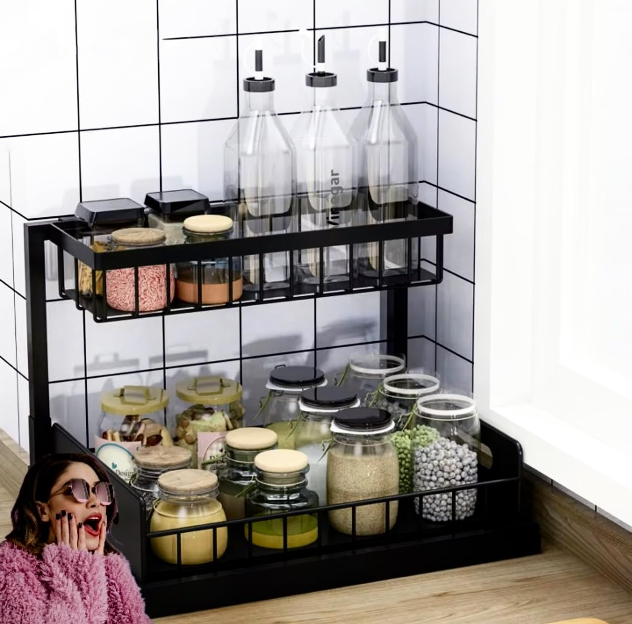 Under Sink Organizer, 2 Tier Rustproof Under Cabinet Storage, Multi Functional Cabinet Storage Space Saver For Kitchen, Purpose Cabinet Shelf for Kitchen and Bathroom Storage