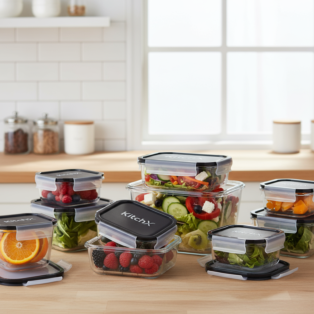 Kitchx reusable food container set with leak-proof lids, stackable and BPA-free, microwave, freezer, and dishwasher safe, ideal for meal prep, leftovers, and eco-friendly food storage.