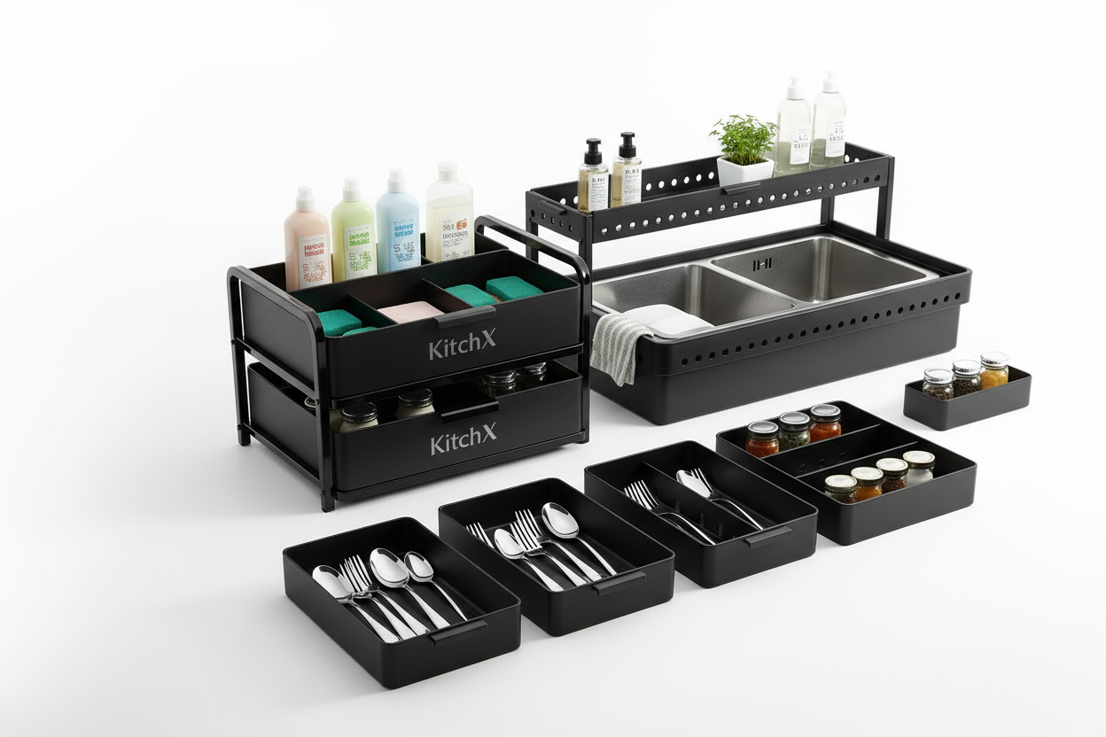 “Kitchx kitchen storage containers collection featuring durable metal and plastic organizers in various sizes and designs for over-sink and under-sink use — ideal for kitchen organization, pantry storage, and clutter-free countertops.”