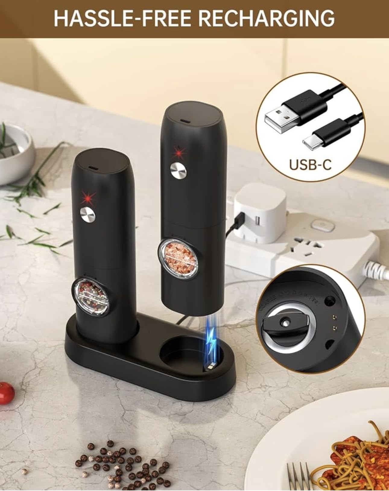 Electric Salt and Pepper Set with Rechargeable Base, White Led Light, Automatic Salt Pepper Grinder for Home, Kitchen, Adjustable Grind Coarseness, Easy to One Hand Operation