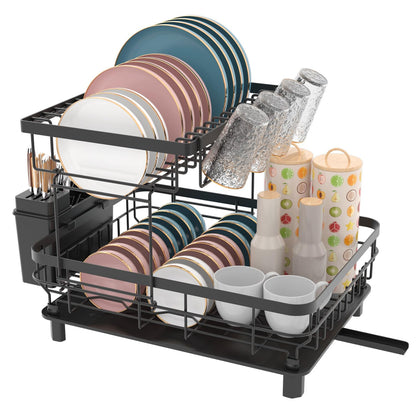 IMMEK Dish Drainers,Large Dish Drying Rack,Double Layer Dish Rack for Kitchen Counter with Drainage Plate,Dish Rack with Tableware Rack and Cup Holder