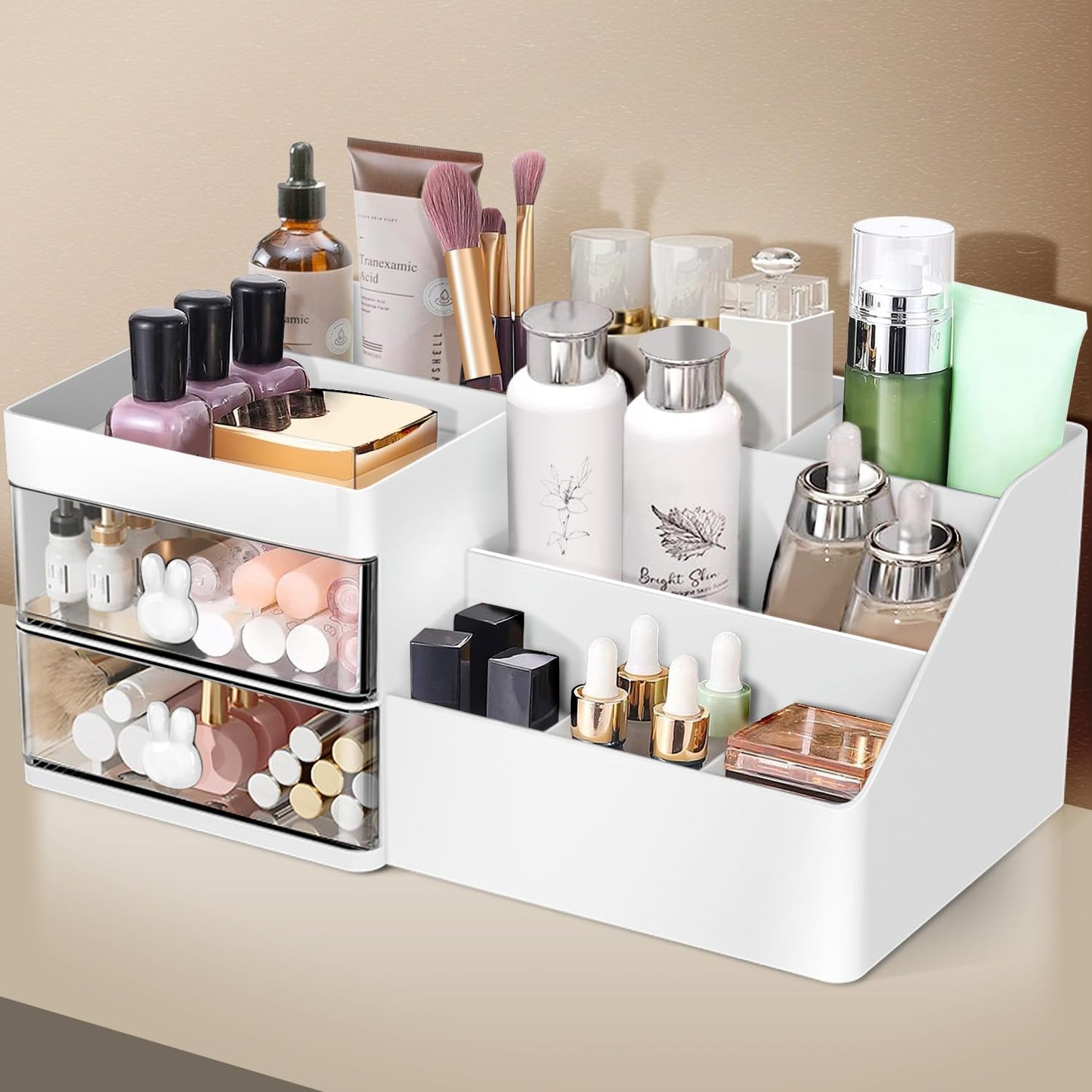 lexvss Makeup Organizer, Cosmetic Desk Storage Box with Drawers Skincare Organizers for Dressing Table, Countertop, Bathroom Counter, Vanity Holder for Brushes, Lotions, Lipstick, Perfume
