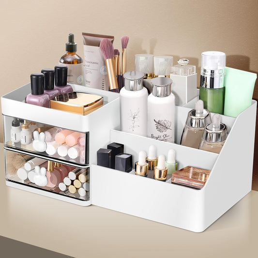 lexvss Makeup Organizer, Cosmetic Desk Storage Box with Drawers Skincare Organizers for Dressing Table, Countertop, Bathroom Counter, Vanity Holder for Brushes, Lotions, Lipstick, Perfume