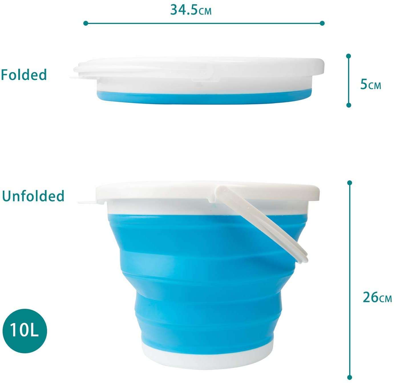 Health joy Collapsible Bucket (10L / 2.6 Gallon) with Strong, Flexible, Compact and Sturdy Handle for Camping, Fishing, as a Bait Bucket, Beach Pail, as an ice Bucket, for Minnows, and as a Sand Pail