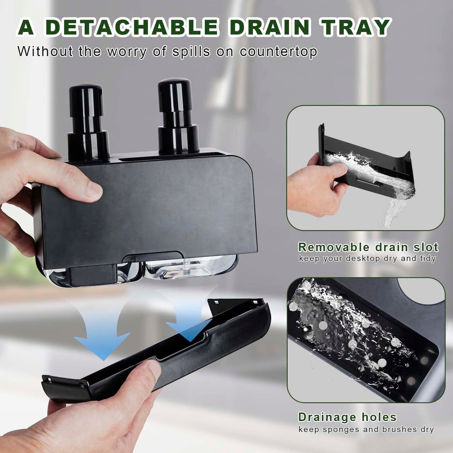 Peevel Dish Soap and Hand Soap Dispenser for Kitchen Sink, Soap Dispenser Set with Sponge Caddy and Brush Holder, Organizer for Kitchen Sink Countertop, Black