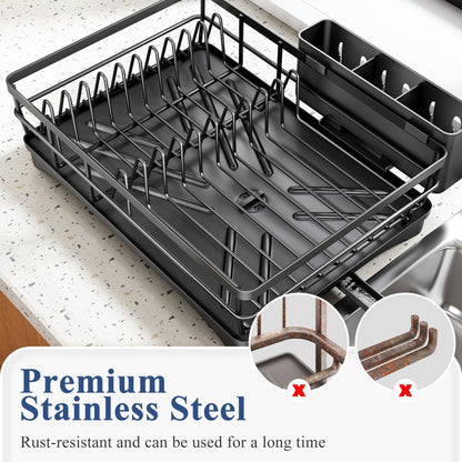 Dish Drying Rack for Kitchen Counter - Large Dish Rack with Drainboard, Rustproof Dish Drainer with Utensil Holder for Sink