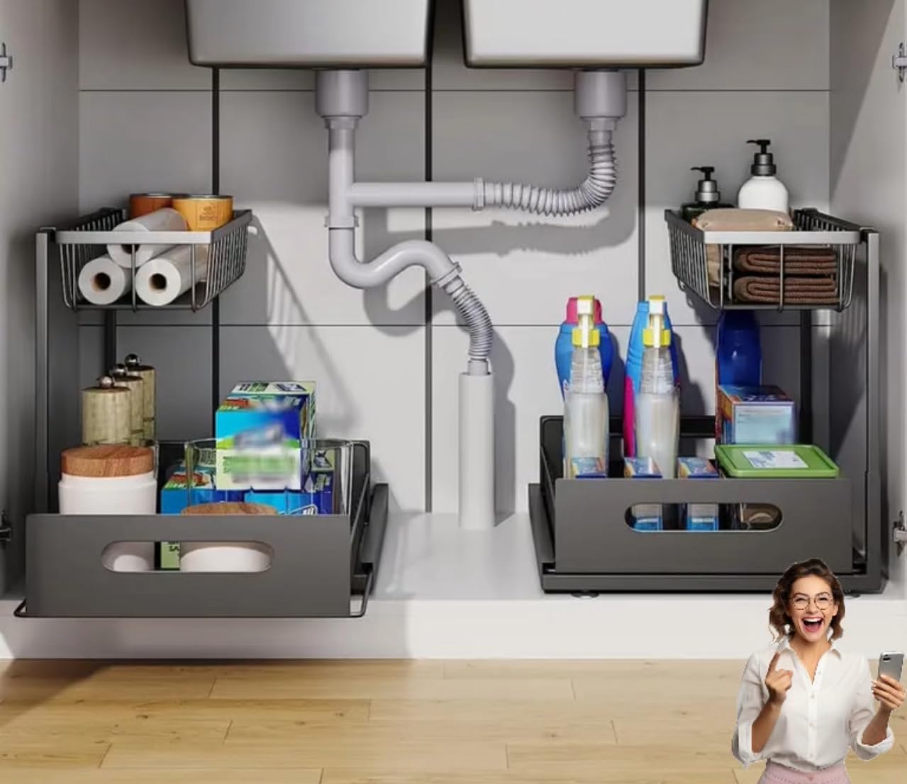 ✪®Pull out Under Sink Organizer, 2 Tier Slide Out Kitchen Organizers and Storage, Multi Functional Cabinet Storage Space Saver For Kitchen Multi-Purpose Shelf for Kitchen and Bathroom Storage ★★★★★