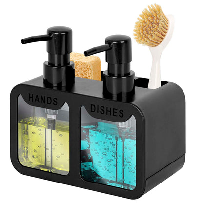 Peevel Dish Soap and Hand Soap Dispenser for Kitchen Sink, Soap Dispenser Set with Sponge Caddy and Brush Holder, Organizer for Kitchen Sink Countertop, Black