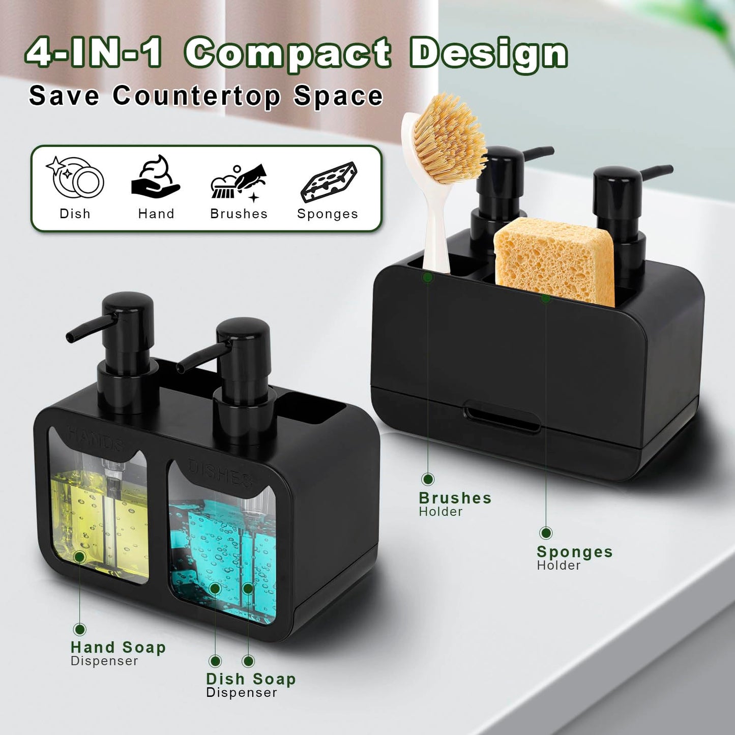 Peevel Dish Soap and Hand Soap Dispenser for Kitchen Sink, Soap Dispenser Set with Sponge Caddy and Brush Holder, Organizer for Kitchen Sink Countertop, Black