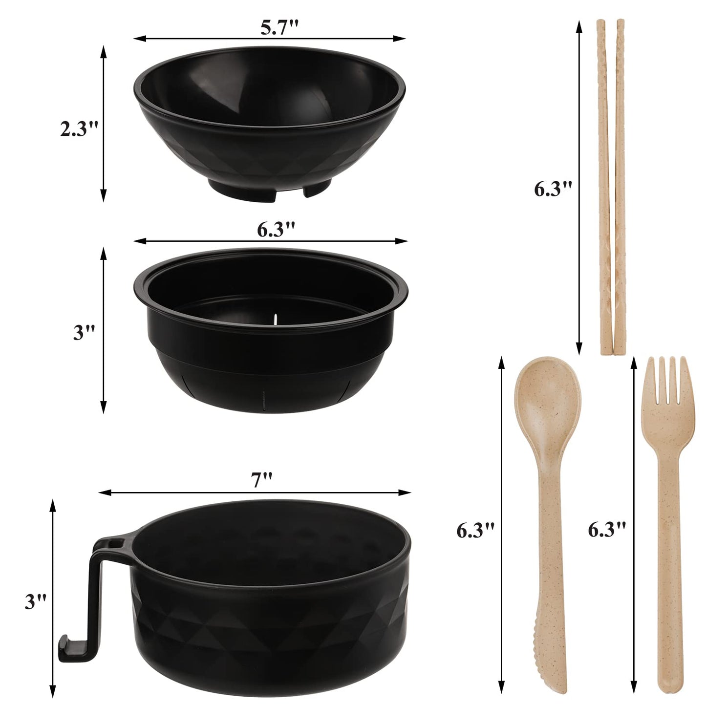 Okllen 2 Pack Microwave Ramen Cooker Bowl, 32Oz Ramen Bowl with Lid Chopsticks Fork Spoon, Wheat Straw Instant Noodle Bowl for College Dorm Room Apartment, Essentials for Girls, Boys, Black and Beige