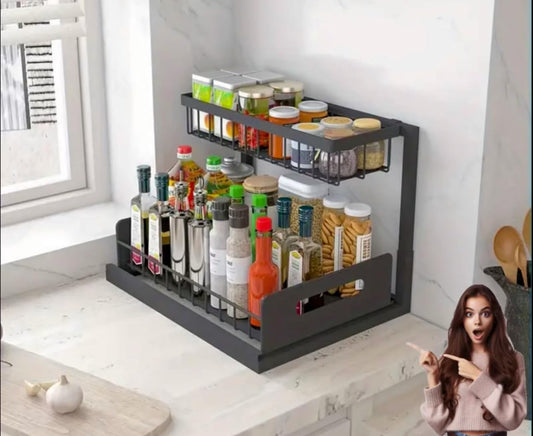Under Sink Organizer, 2 Tier Rustproof Under Cabinet Storage, Multi Functional Cabinet Storage Space Saver For Kitchen, Purpose Cabinet Shelf for Kitchen and Bathroom Storage