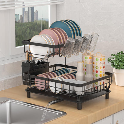 IMMEK Dish Drainers,Large Dish Drying Rack,Double Layer Dish Rack for Kitchen Counter with Drainage Plate,Dish Rack with Tableware Rack and Cup Holder