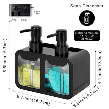 Peevel Dish Soap and Hand Soap Dispenser for Kitchen Sink, Soap Dispenser Set with Sponge Caddy and Brush Holder, Organizer for Kitchen Sink Countertop, Black