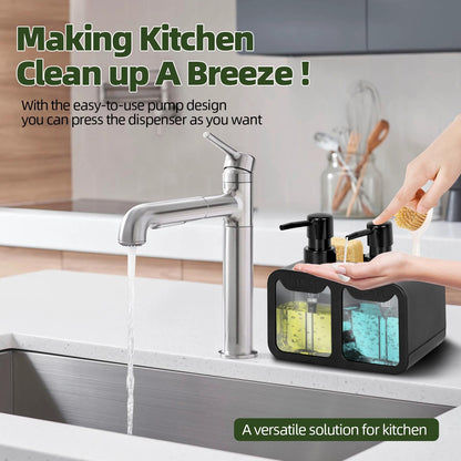 Peevel Dish Soap and Hand Soap Dispenser for Kitchen Sink, Soap Dispenser Set with Sponge Caddy and Brush Holder, Organizer for Kitchen Sink Countertop, Black