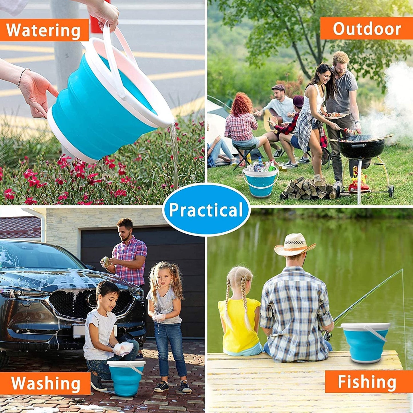 Health joy Collapsible Bucket (10L / 2.6 Gallon) with Strong, Flexible, Compact and Sturdy Handle for Camping, Fishing, as a Bait Bucket, Beach Pail, as an ice Bucket, for Minnows, and as a Sand Pail