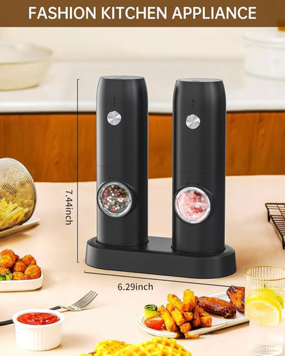 Electric Salt and Pepper Set with Rechargeable Base, White Led Light, Automatic Salt Pepper Grinder for Home, Kitchen, Adjustable Grind Coarseness, Easy to One Hand Operation