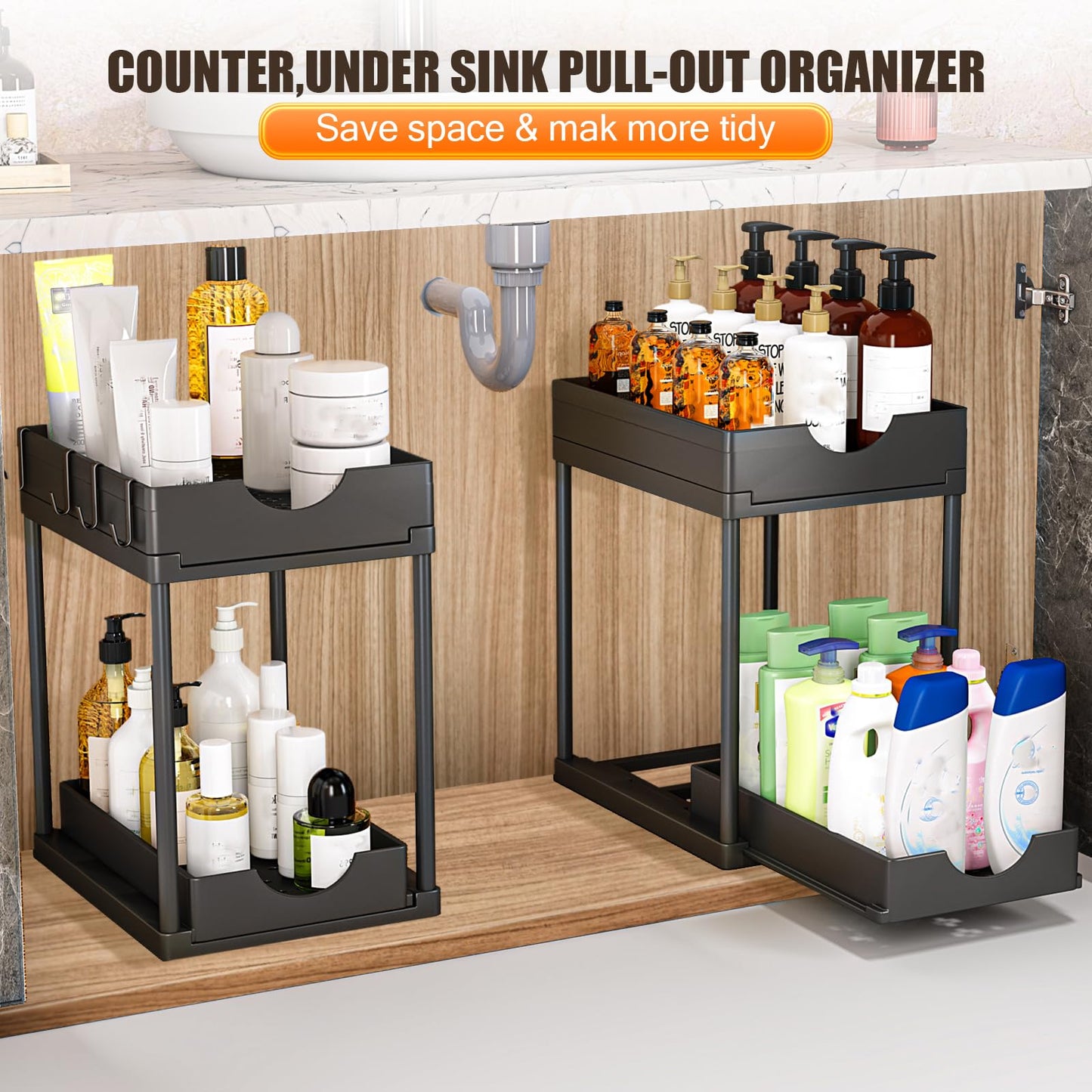 ARSTPEOE 2 Pack Double Sliding Under Sink Organizers and Storage,Two Tier Bathroom Storage and organization,Under Cabinet Organizer with Hooks,Home Organization,Black