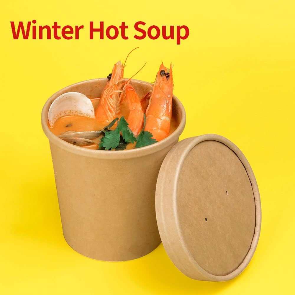 16 oz Paper Food Containers with Lids, Ice Cream Pint Containers, 16 oz Disposable Soup Containers Paper Freezer Containers Pint Ice Cream Cups (60 Cups 60 Lids)