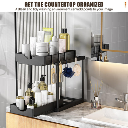 ARSTPEOE 2 Pack Double Sliding Under Sink Organizers and Storage,Two Tier Bathroom Storage and organization,Under Cabinet Organizer with Hooks,Home Organization,Black