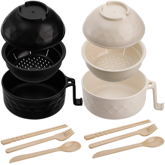 Okllen 2 Pack Microwave Ramen Cooker Bowl, 32Oz Ramen Bowl with Lid Chopsticks Fork Spoon, Wheat Straw Instant Noodle Bowl for College Dorm Room Apartment, Essentials for Girls, Boys, Black and Beige