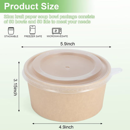 50 Pcs 32 Oz disposable meal prep containers，paper bowls with lids，disposable soup bowls，soup bowls disposable hot/cold，disposable salad bowls with lids